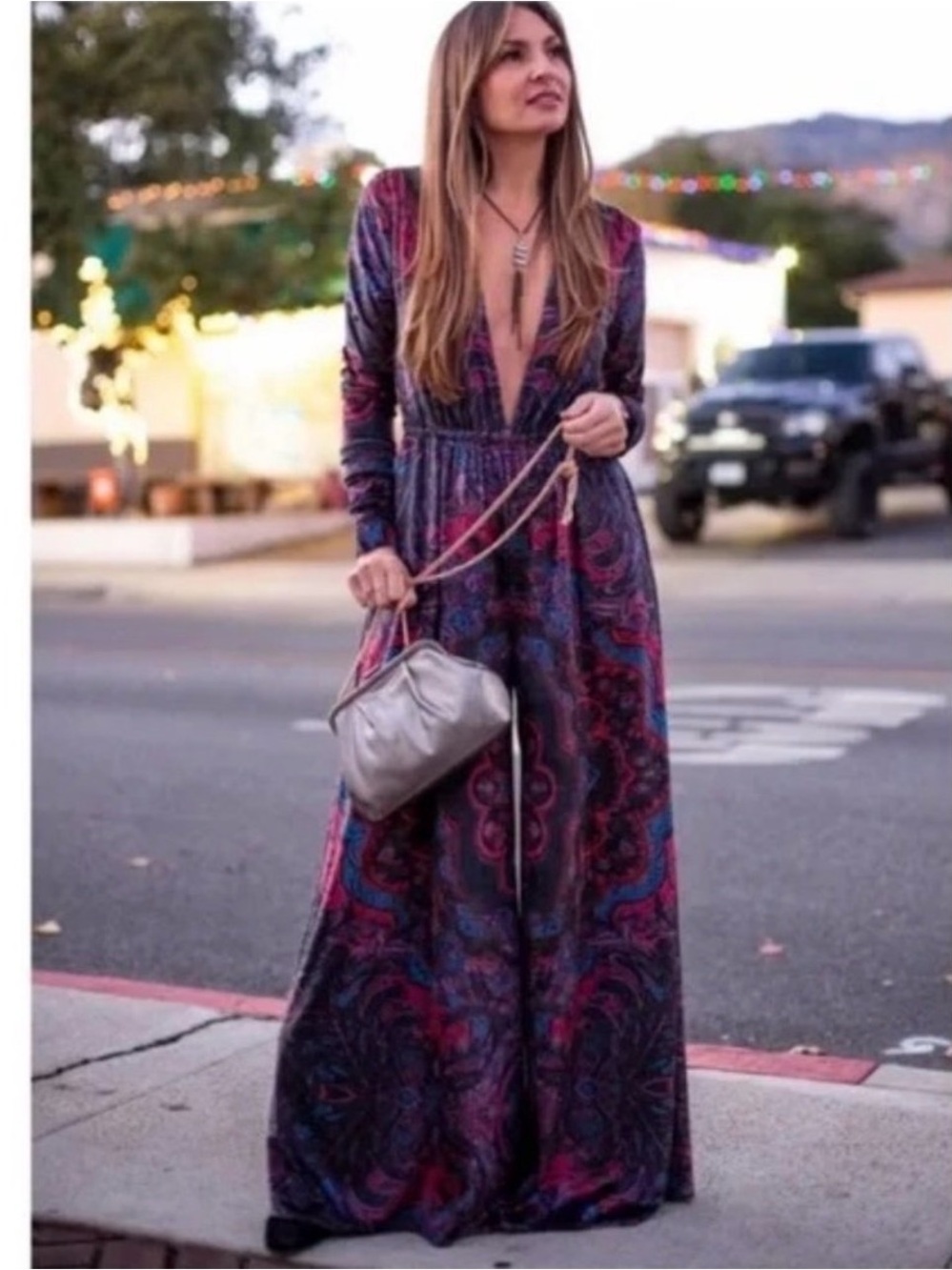 Free People Velvet Paisley Wide-Leg Jumpsuit in Pink & Blue - Picture 6 of 11